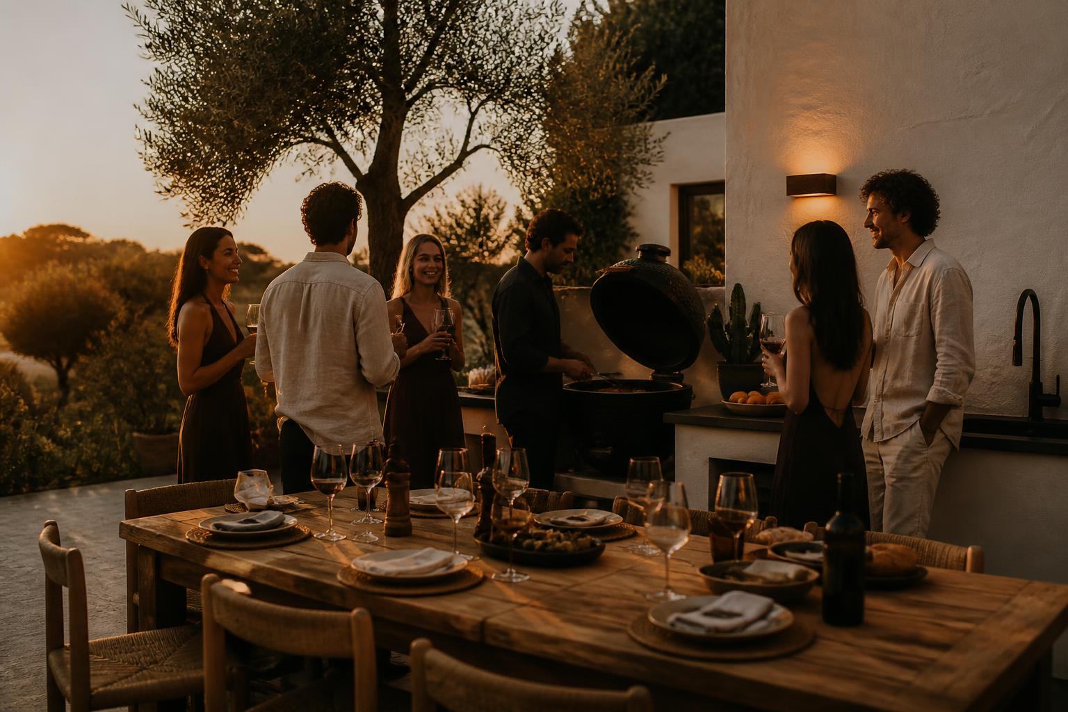 Expat friends gathered around a kamado grill on an Algarve terrace at golden hour