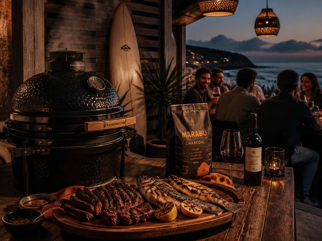 Ericeira terrace dinner with grilled seabass, ribeye and a surfboard at dusk
