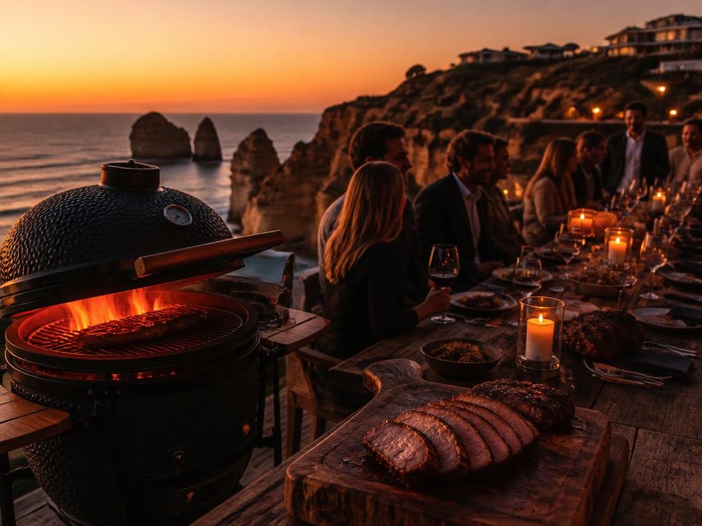 Outdoor dinner at sunset on a Lagos clifftop with a glowing Kamado grill