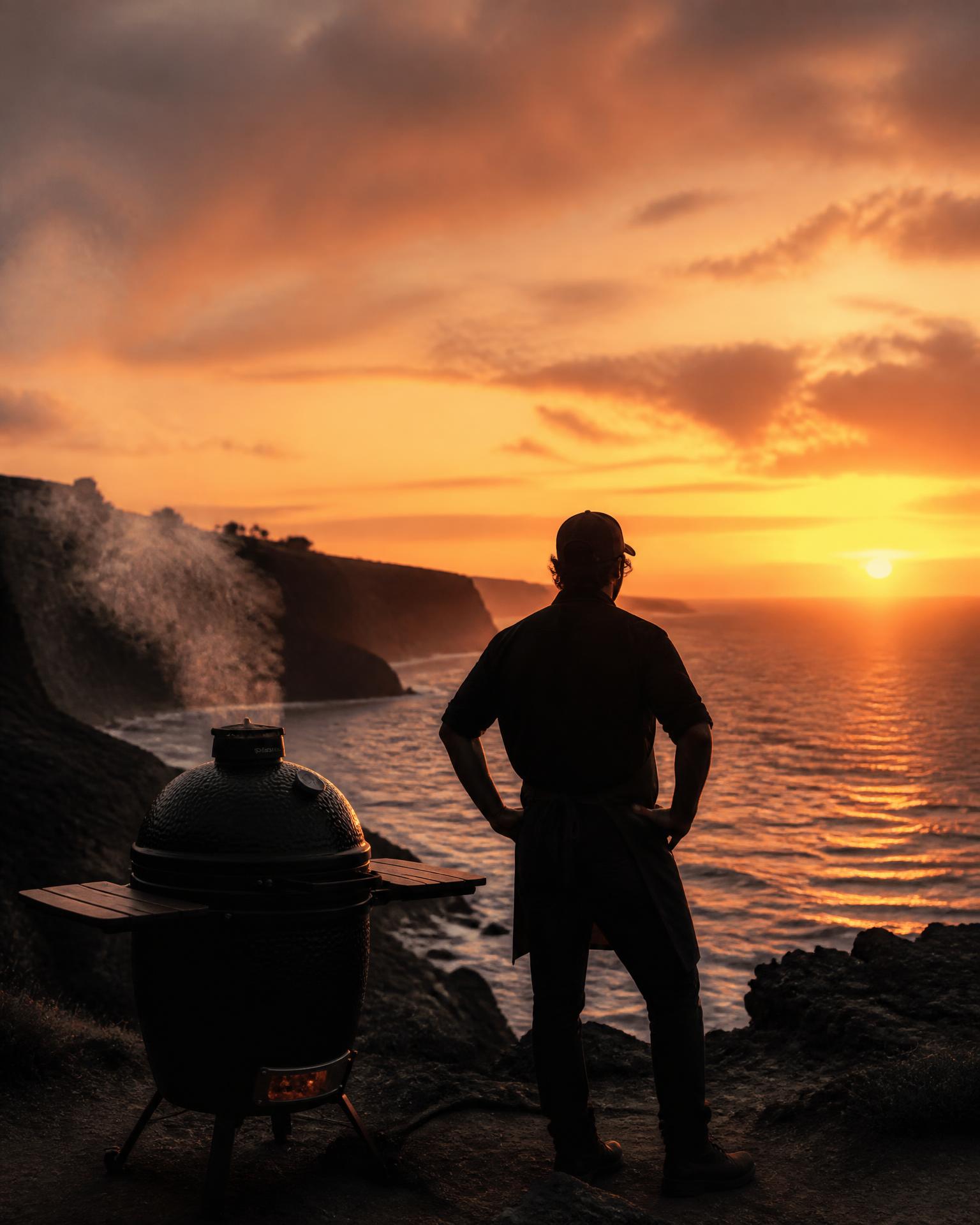 Pitmaster silhouette overlooking the Atlantic coast at sunset with a Kamado grill