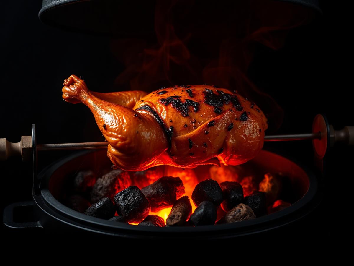 Whole piri-piri chicken turning on a rotisserie above glowing coals
