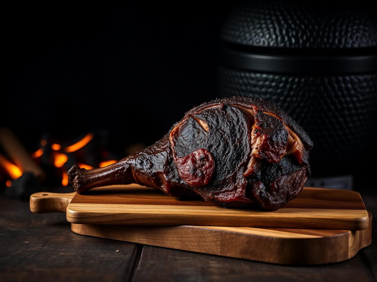 Slow-smoked Portuguese black pork pluma resting on a wooden board
